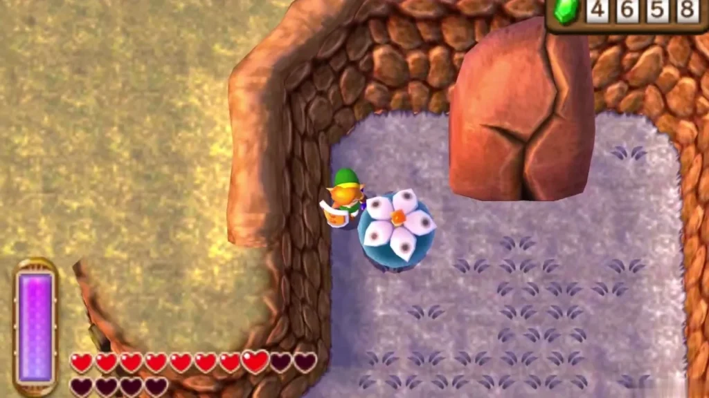 Link touching the Big Bomb Flower beside a boulder, the bloom ready to follow him Link touching the Big Bomb Flower beside a boulder, the bloom ready to follow him