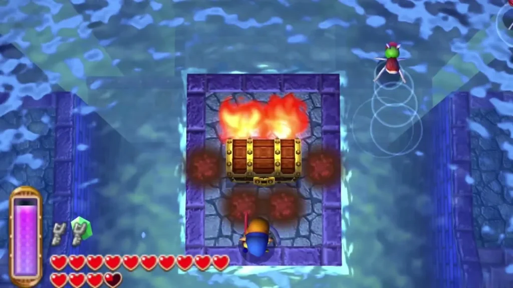 Big chest surrounded by flames on a stone island in the water Big chest surrounded by flames on a stone island in the water