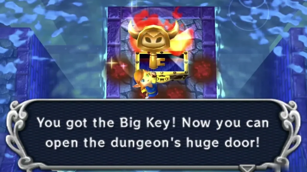 Link holding up the Big Key with the message that it opens the huge door Link holding up the Big Key with the message that it opens the huge door