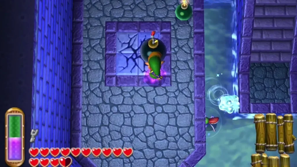 A bomb with a lit fuse sits above Link in front of a cracked floor panel A bomb with a lit fuse sits above Link in front of a cracked floor panel