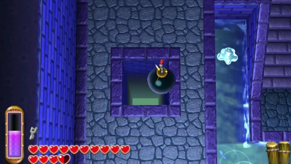 A bomb explodes near a cracked floor panel, with Link beside the water channel A bomb explodes near a cracked floor panel, with Link beside the water channel