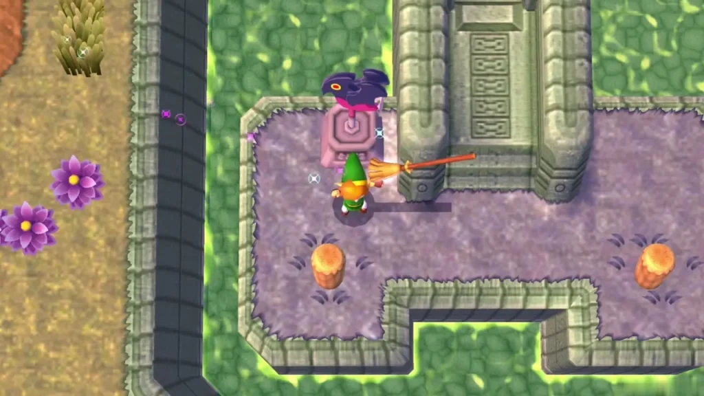 Link in the purple Lorule garden beside stone pillars, with orange bomb flower bulbs on the ground Link in the purple Lorule garden beside stone pillars, with orange bomb flower bulbs on the ground