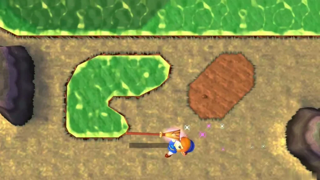 Link flying on a broom over the Lorule overworld Link flying on a broom over the Lorule overworld