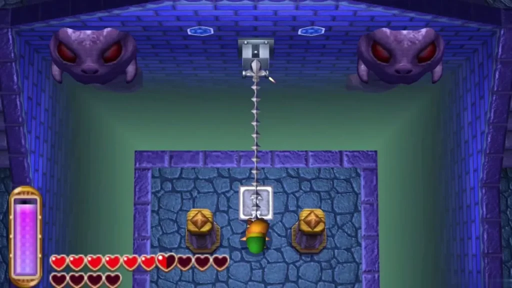 Link on the stone platform aiming the Hookshot chain up at the lever on the far wall Link on the stone platform aiming the Hookshot chain up at the lever on the far wall