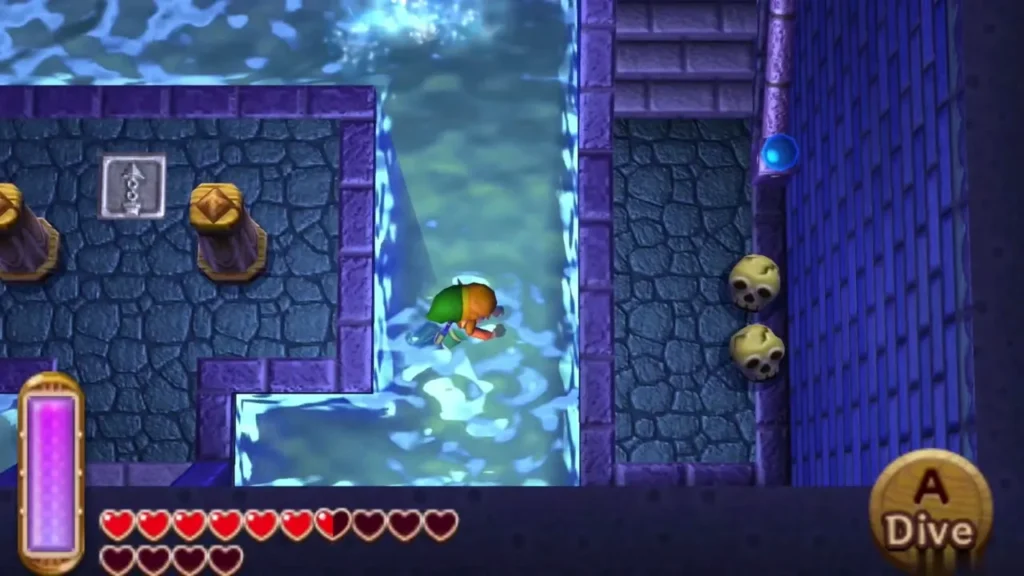 Link swimming through a water channel in the first room beside stone blocks and skull pots Link swimming through a water channel in the first room beside stone blocks and skull pots