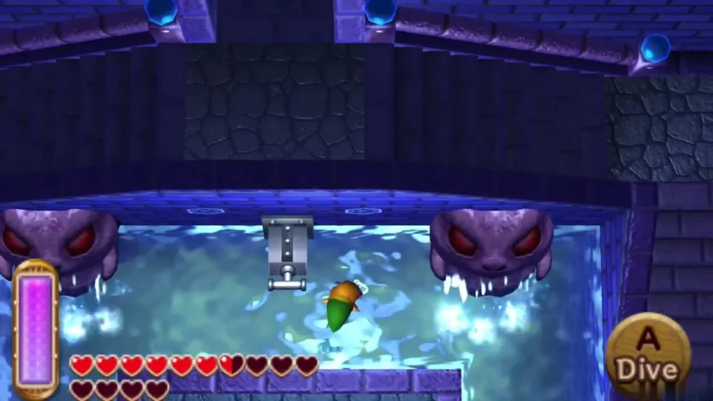 Link swimming in the water that has filled the Swamp Palace first room, lever above Link swimming in the water that has filled the Swamp Palace first room, lever above
