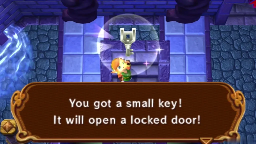 Link holds up a Small Key under the message saying it opens a locked door Link holds up a Small Key under the message saying it opens a locked door