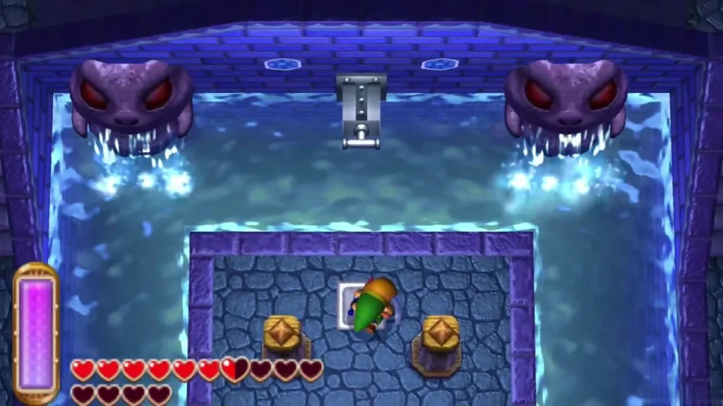 Link in the flooded palace hall, with water rising around the central platform Link in the flooded palace hall, with water rising around the central platform