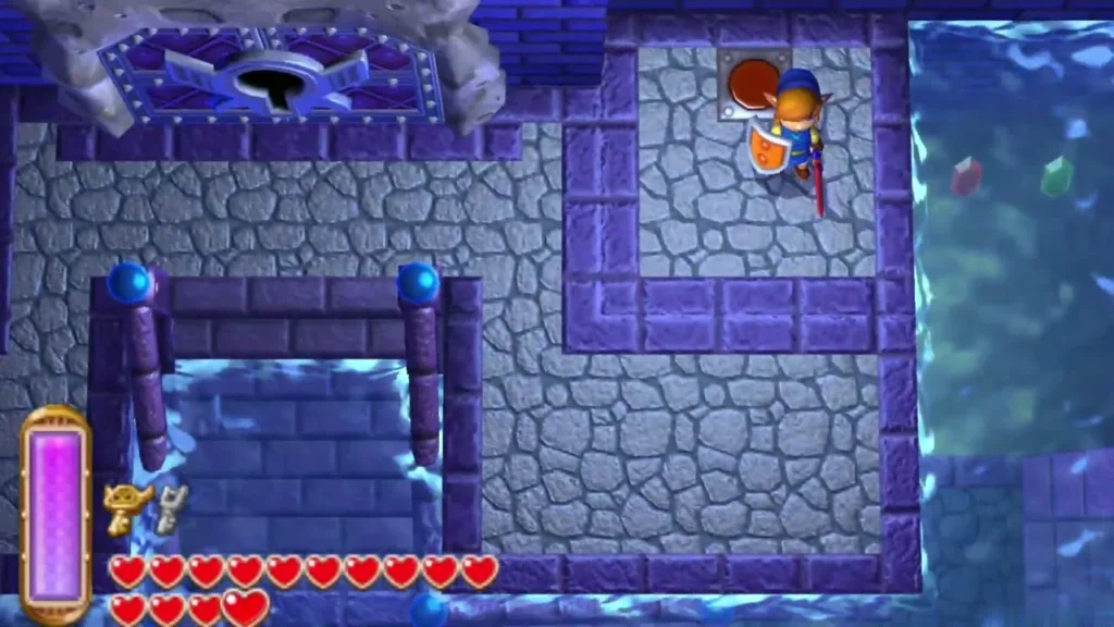 Link stepping onto a floor button beside the Boss Door in the central hall Link stepping onto a floor button beside the Boss Door in the central hall