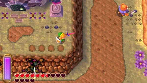 Link walking south through Lorule with the Big Bomb Flower trailing at his feet Link walking south through Lorule with the Big Bomb Flower trailing at his feet