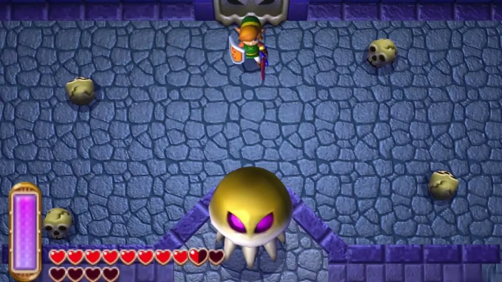 Link faces a Gigabari, a large golden jellyfish, in the 1F room Link faces a Gigabari, a large golden jellyfish, in the 1F room