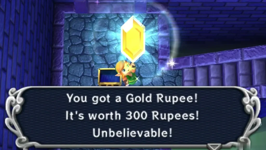 Link holding up a Gold Rupee in a dungeon room, with the You got a Gold Rupee message box Link holding up a Gold Rupee in a dungeon room, with the You got a Gold Rupee message box