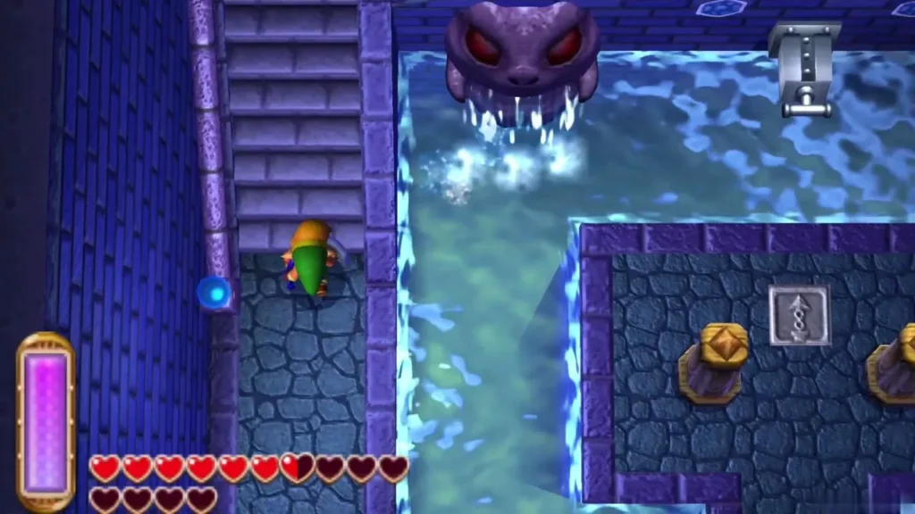 Link at the foot of the hall stairs, with a gold chest on a stone platform across the water Link at the foot of the hall stairs, with a gold chest on a stone platform across the water