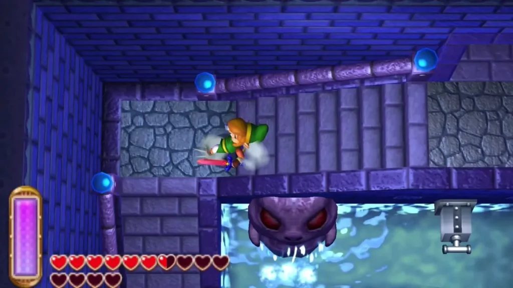 Link on a stone stair in the tall Swamp Palace hall beside the water, mid sword swing Link on a stone stair in the tall Swamp Palace hall beside the water, mid sword swing