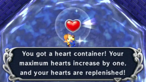 Link holding up a Heart Container with the box saying maximum hearts increase by one Link holding up a Heart Container with the box saying maximum hearts increase by one