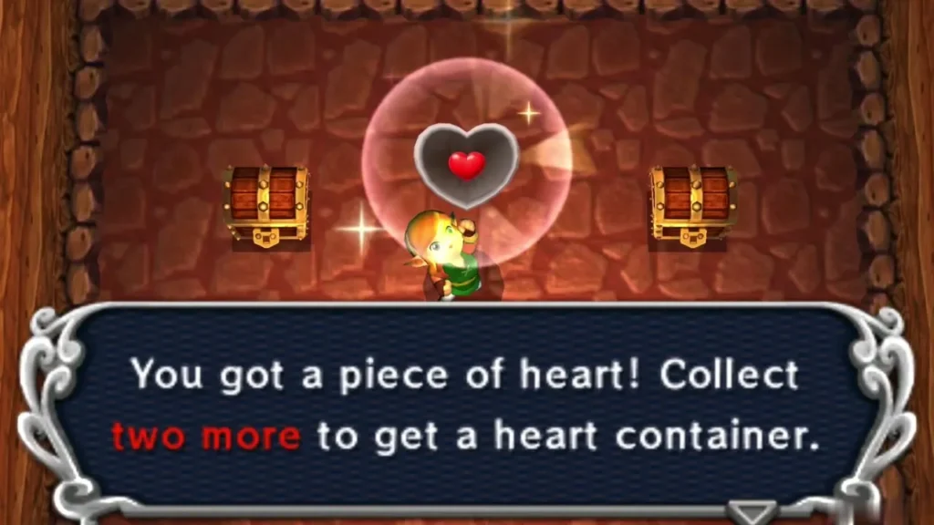 Link in a red-brick cave chamber under a Piece of Heart, with the box saying two more make a heart container Link in a red-brick cave chamber under a Piece of Heart, with the box saying two more make a heart container