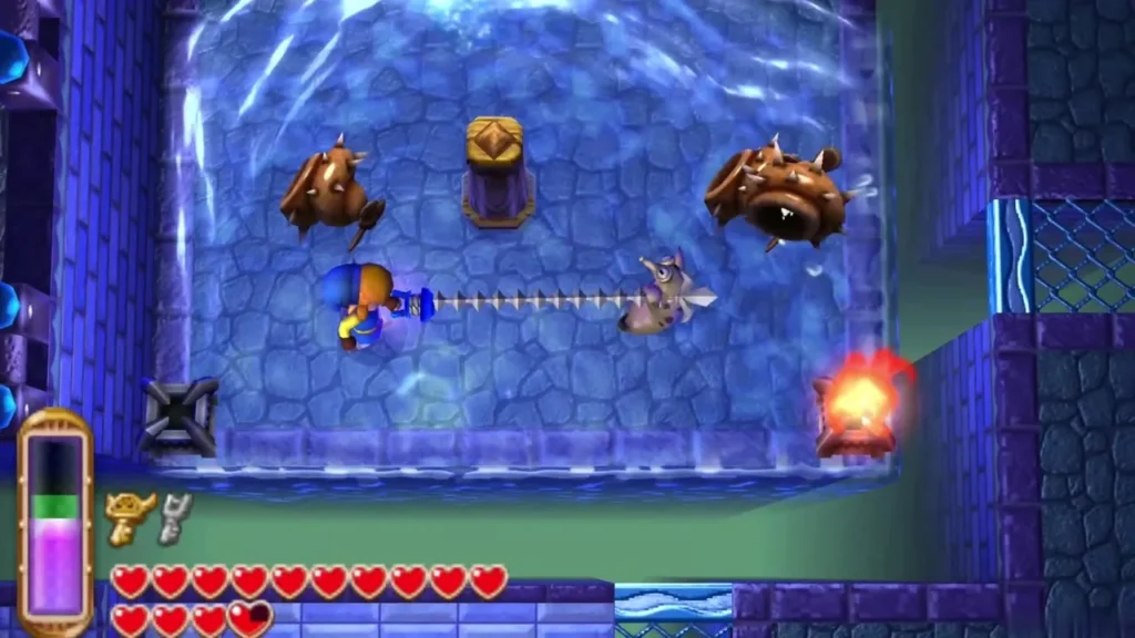 Link pulling a shelled enemy toward him on a Hookshot chain Link pulling a shelled enemy toward him on a Hookshot chain
