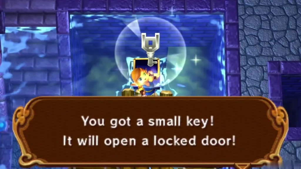 Link holding up a Small Key on the raft beside the last chest Link holding up a Small Key on the raft beside the last chest