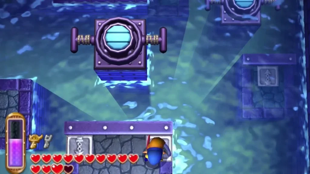 Link standing on a raised platform beneath a water machine in the central hall Link standing on a raised platform beneath a water machine in the central hall