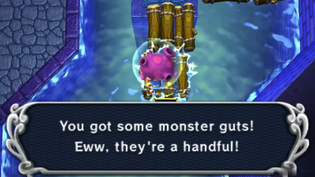 Link holding up Monster Guts beside the raft chest Link holding up Monster Guts beside the raft chest