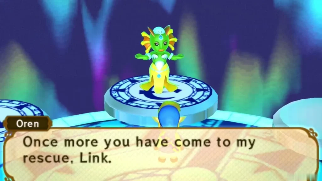Oren on her pedestal with the box saying Link has come to her rescue once more Oren on her pedestal with the box saying Link has come to her rescue once more