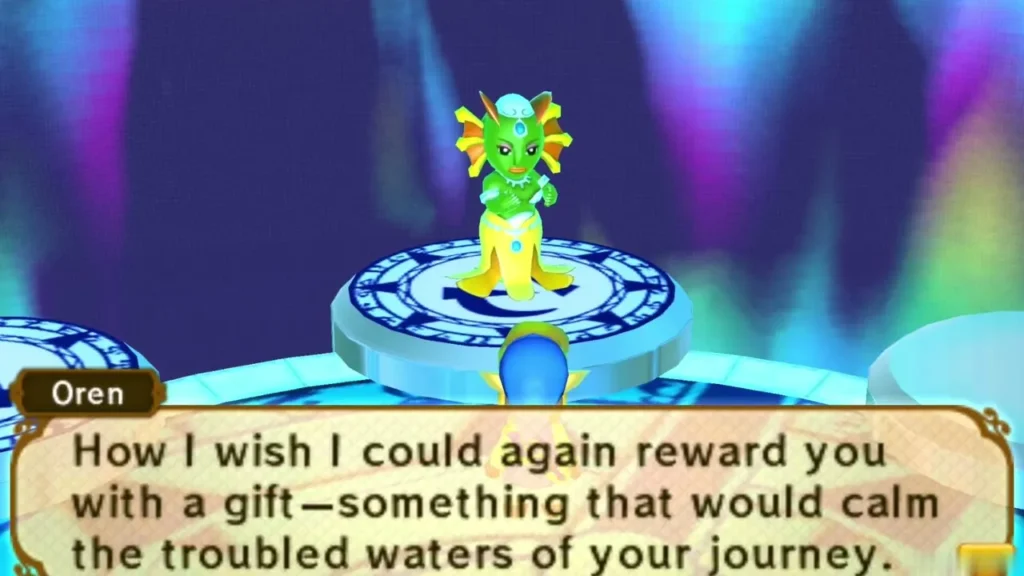 Oren on her pedestal with the dialogue box saying she wishes to reward Link Oren on her pedestal with the dialogue box saying she wishes to reward Link