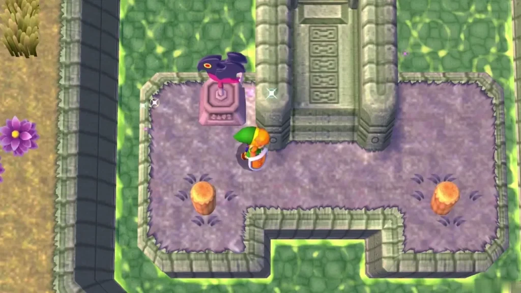 Link in the Swamp Palace courtyard beside a pink pedestal with a purple bloom on it Link in the Swamp Palace courtyard beside a pink pedestal with a purple bloom on it