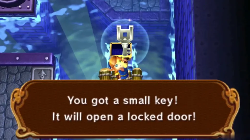 Link holding up a Small Key on a raft beside the chest Link holding up a Small Key on a raft beside the chest