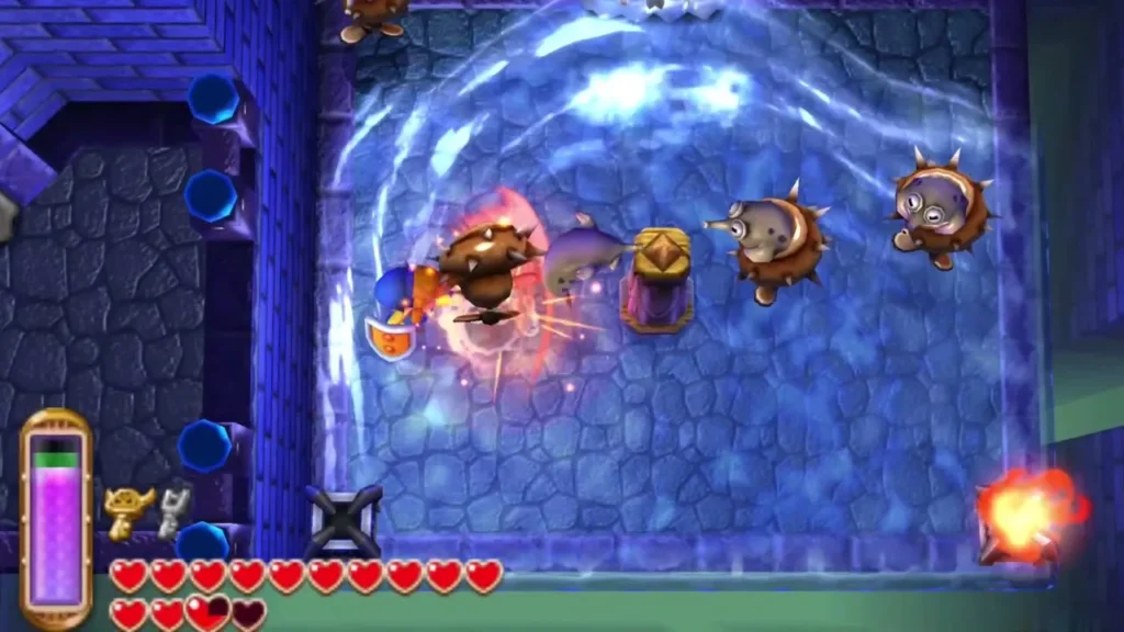 Link slashing the creature that lies under a shell in the water room Link slashing the creature that lies under a shell in the water room