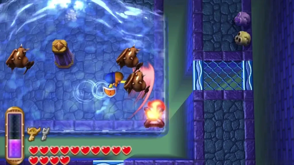 Link facing another spiked shell enemy on the blue water floor Link facing another spiked shell enemy on the blue water floor