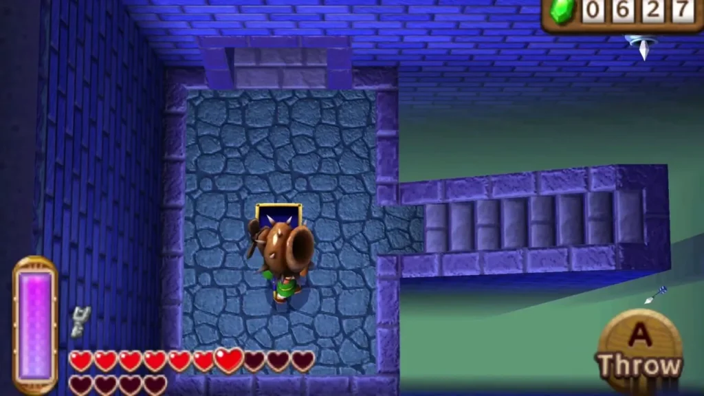 Link lifting a shell over his head in a stone room, with the Throw prompt on screen Link lifting a shell over his head in a stone room, with the Throw prompt on screen