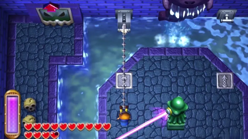 Link near the skull enemies as a Beamos laser sweeps the room Link near the skull enemies as a Beamos laser sweeps the room