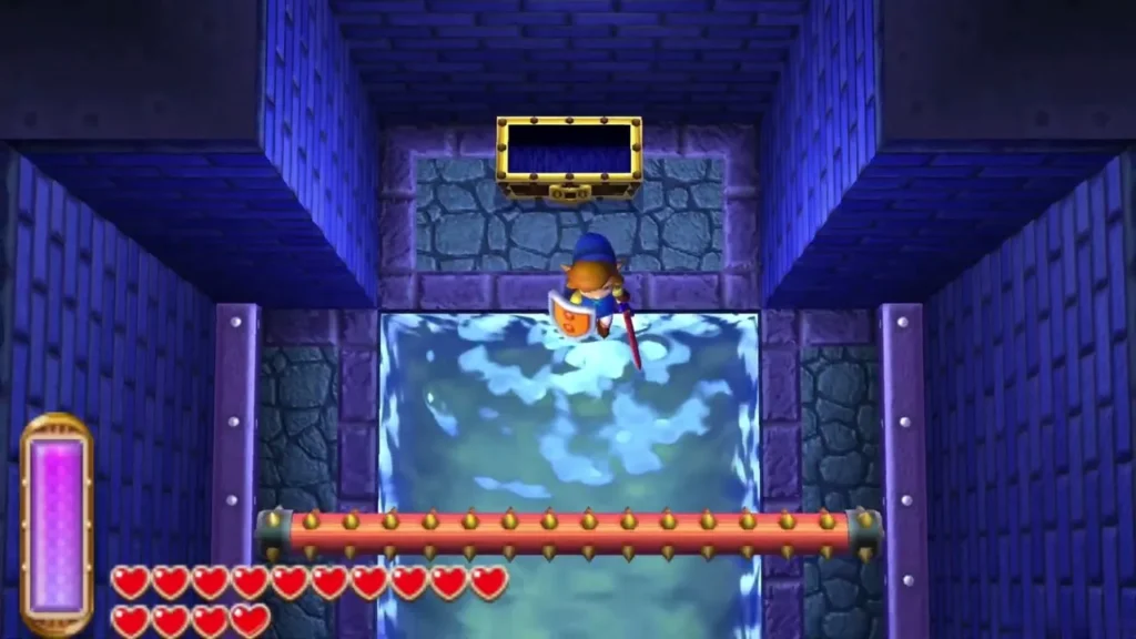 Link in the water beneath the spiked bar, with the Blue Mail chest above Link in the water beneath the spiked bar, with the Blue Mail chest above