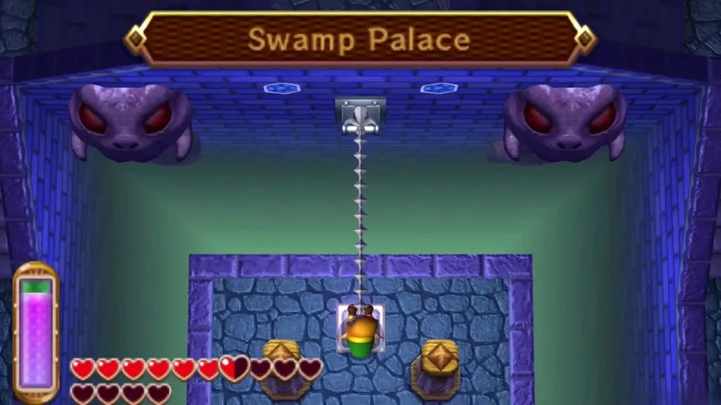 Swamp Palace title banner above Link at the chained entrance of the flooded palace Swamp Palace title banner above Link at the chained entrance of the flooded palace