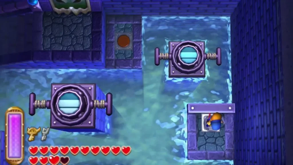 Water level machines in the central hall, with Link on a platform below Water level machines in the central hall, with Link on a platform below