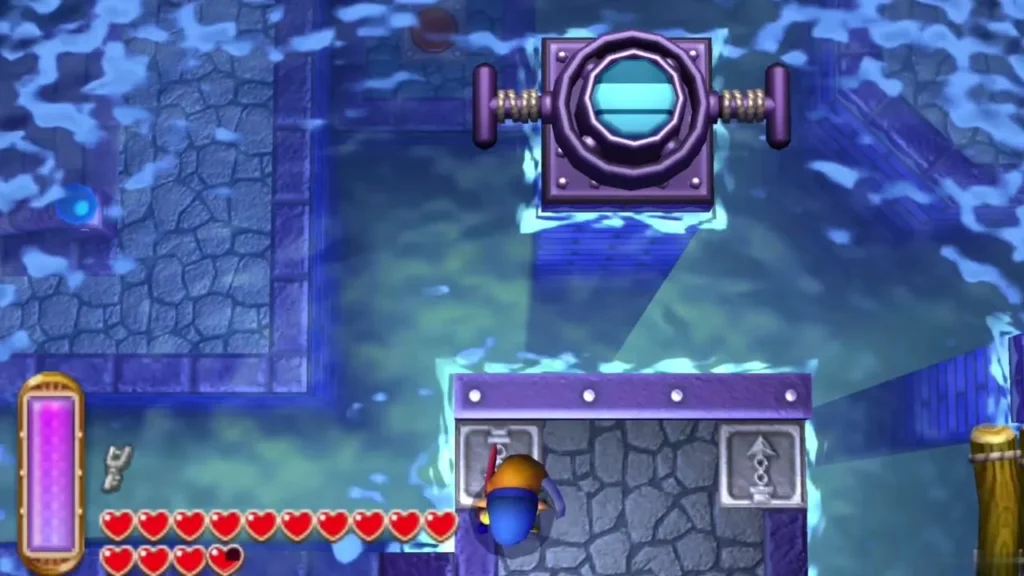 Link on a stone platform below the water machine across the water Link on a stone platform below the water machine across the water