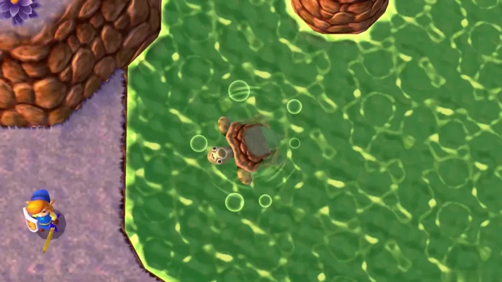 A baby turtle sinks into Lorule Lake while Link watches from the shore A baby turtle sinks into Lorule Lake while Link watches from the shore