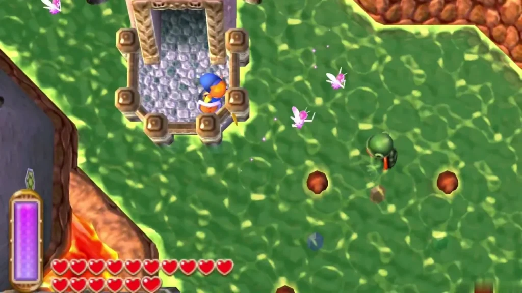 Link beside a warp pad on the grassy balcony with pink fairies flying nearby Link beside a warp pad on the grassy balcony with pink fairies flying nearby