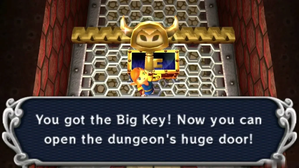 Link holding up the Big Key in the grate room, with the item box shown Link holding up the Big Key in the grate room, with the item box shown