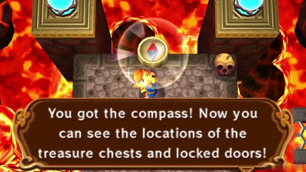 The Compass floating above Link, with the message explaining what it reveals The Compass floating above Link, with the message explaining what it reveals