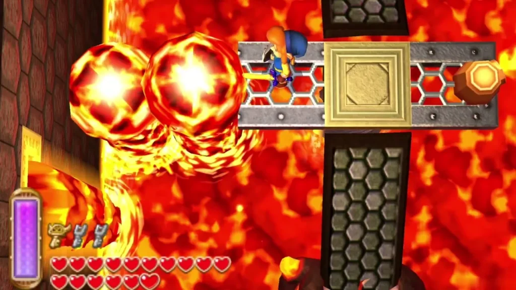 Link crossing the grate bridge over lava as fireballs burst nearby Link crossing the grate bridge over lava as fireballs burst nearby
