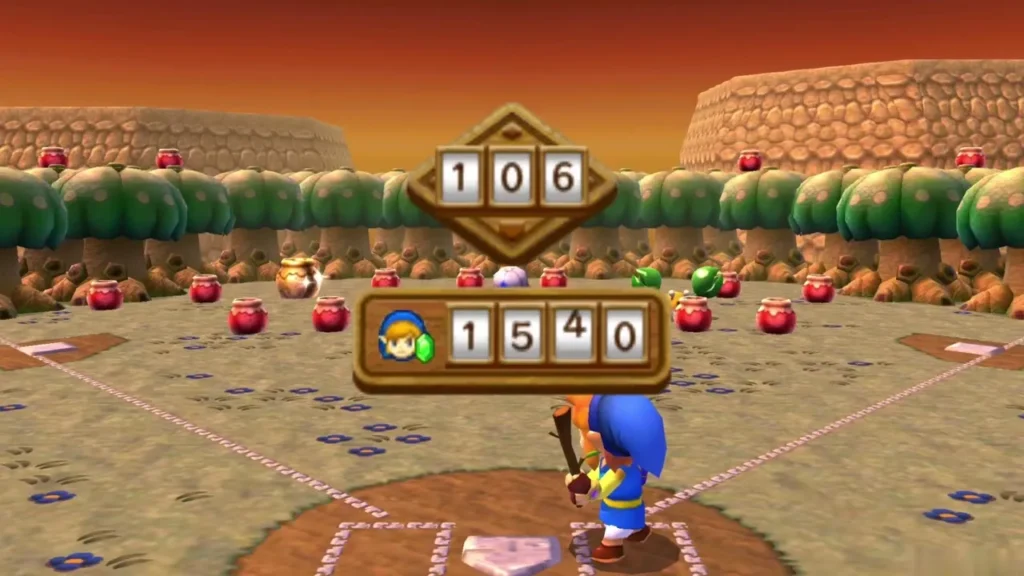 The Octoball Derby scoreboard reading 106 points with Link standing on the field The Octoball Derby scoreboard reading 106 points with Link standing on the field