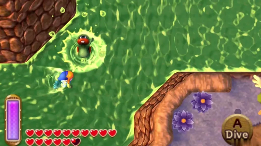 Link swimming in the lake toward an enemy rising out of the water Link swimming in the lake toward an enemy rising out of the water