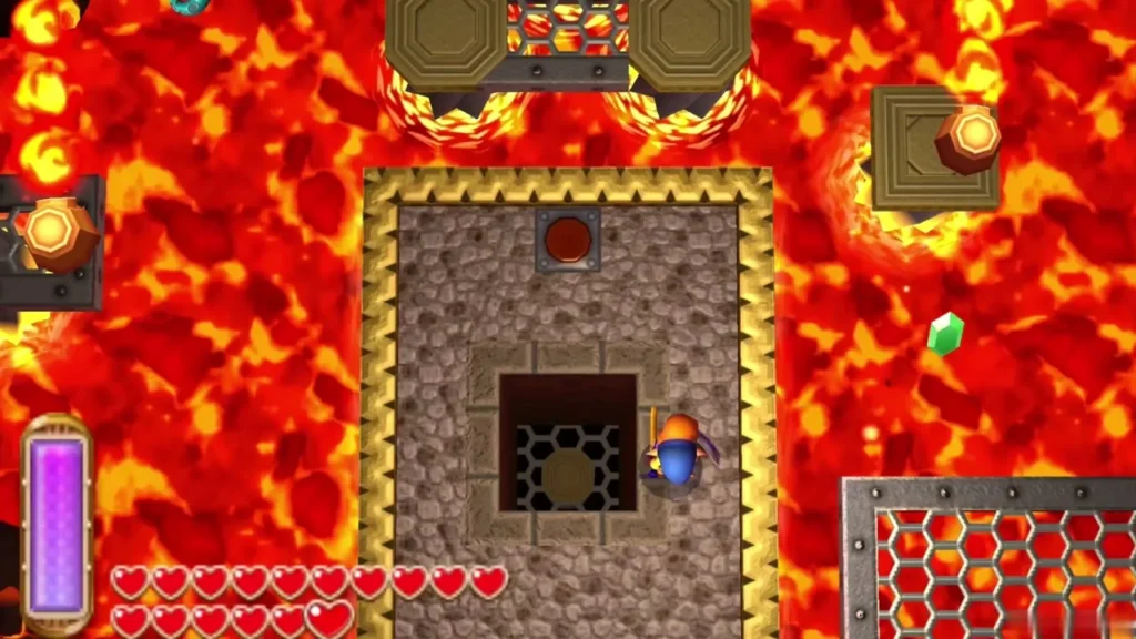 Open pit with a metal grate in the floor, surrounded by lava Open pit with a metal grate in the floor, surrounded by lava