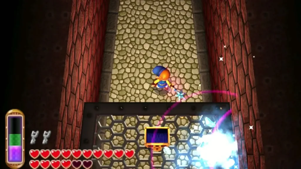 Link freezing lava with ice beside the chest in the north-east room Link freezing lava with ice beside the chest in the north-east room