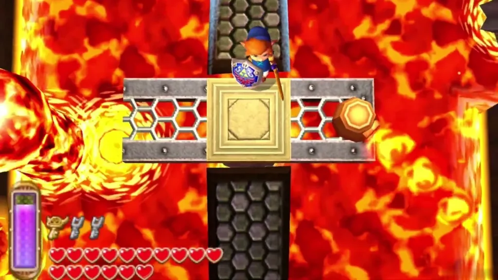 Link standing on the pushed grate that forms a bridge across the lava Link standing on the pushed grate that forms a bridge across the lava