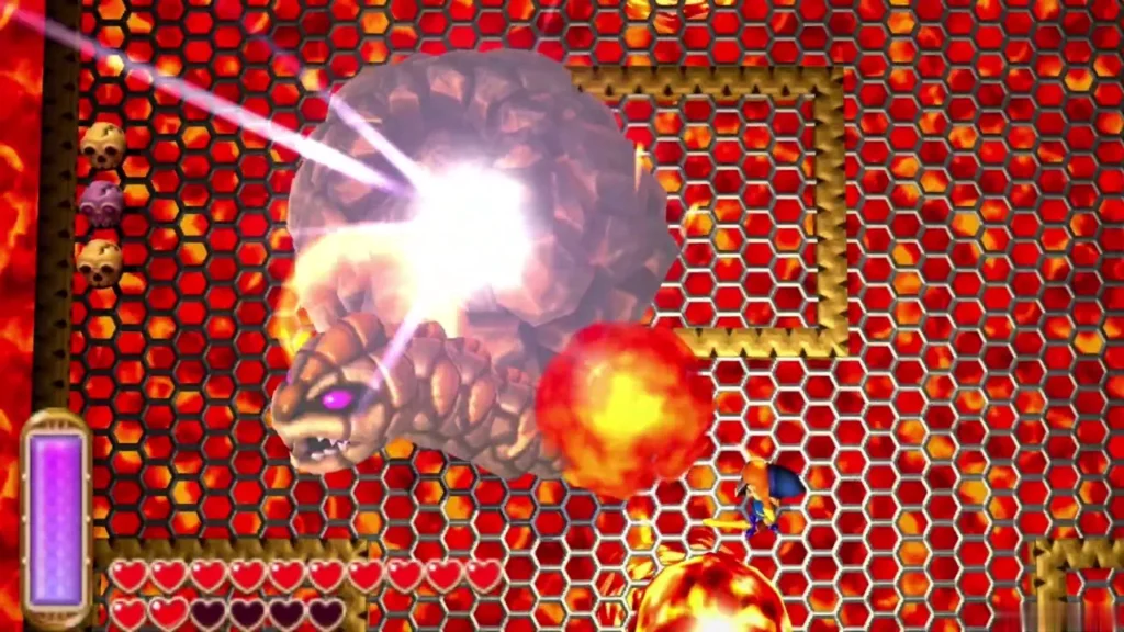 Grinexx's head lunging from its shell on the lava grate as Link strikes it Grinexx's head lunging from its shell on the lava grate as Link strikes it
