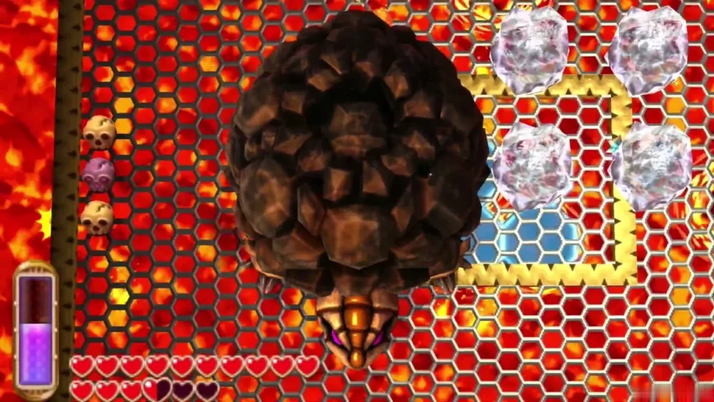 Grinexx rising up through the grate in a shell of rock, surrounded by lava Grinexx rising up through the grate in a shell of rock, surrounded by lava