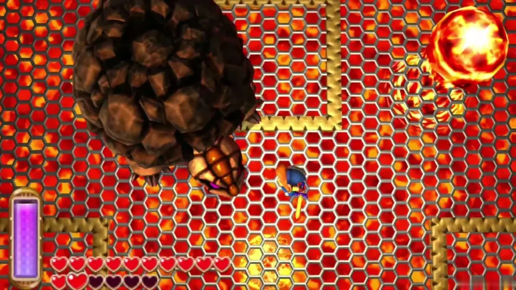 Grinexx tucked into its spiked shell on the lava grate while Link stands nearby Grinexx tucked into its spiked shell on the lava grate while Link stands nearby