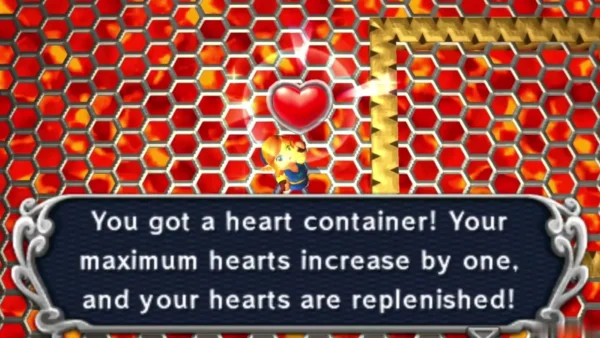 Link holding up a Heart Container, with the item message box reading that his maximum hearts increase Link holding up a Heart Container, with the item message box reading that his maximum hearts increase